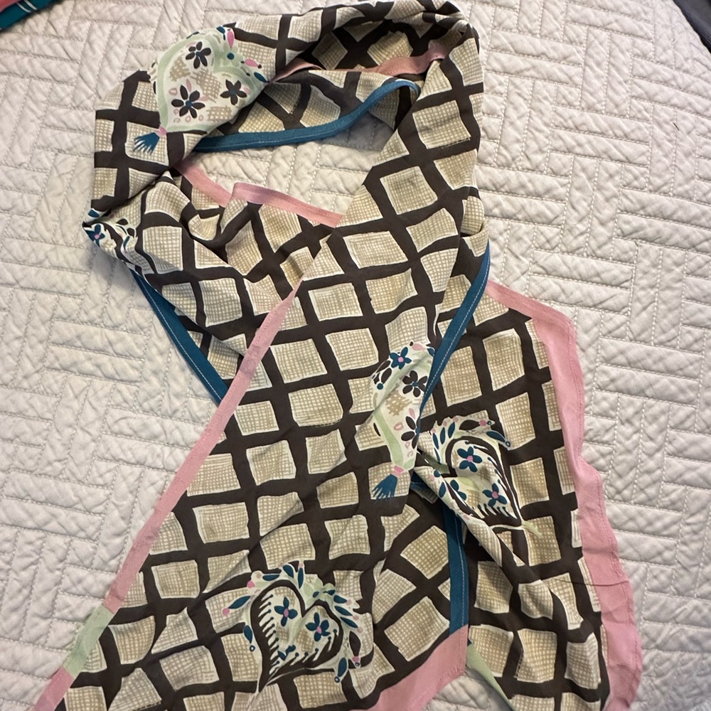Vintage Cacharel Geometric Scarf with Pink and Teal Border